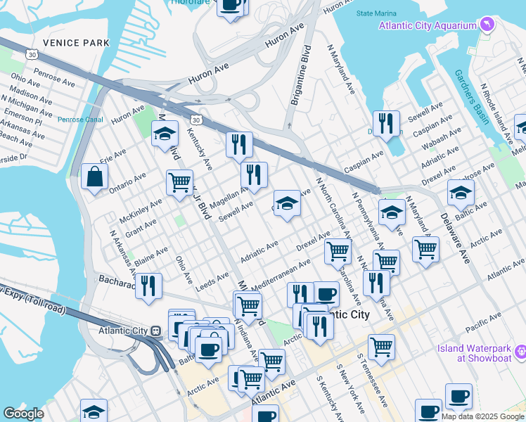 map of restaurants, bars, coffee shops, grocery stores, and more near 638 North New York Avenue in Atlantic City