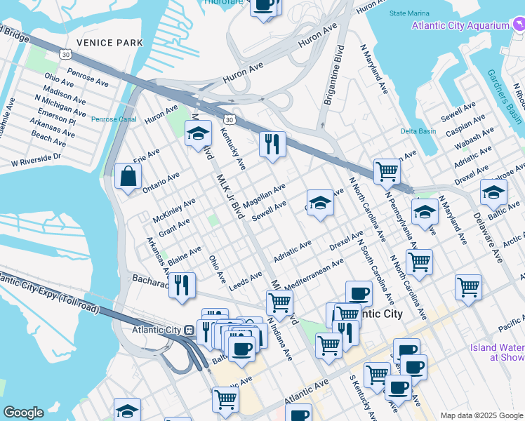 map of restaurants, bars, coffee shops, grocery stores, and more near 638 North Kentucky Avenue in Atlantic City