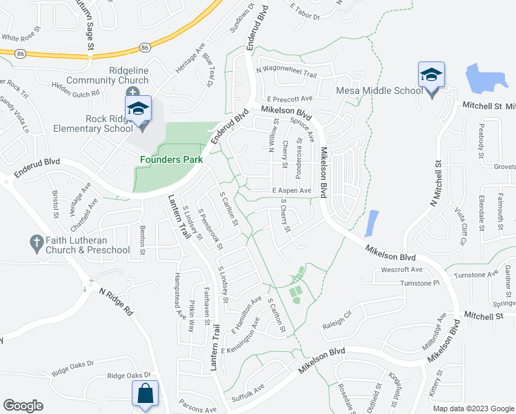 map of restaurants, bars, coffee shops, grocery stores, and more near 5303 Lost Meadow Trail in Castle Rock