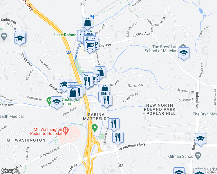 map of restaurants, bars, coffee shops, grocery stores, and more near 1121 Bellemore Road in Baltimore