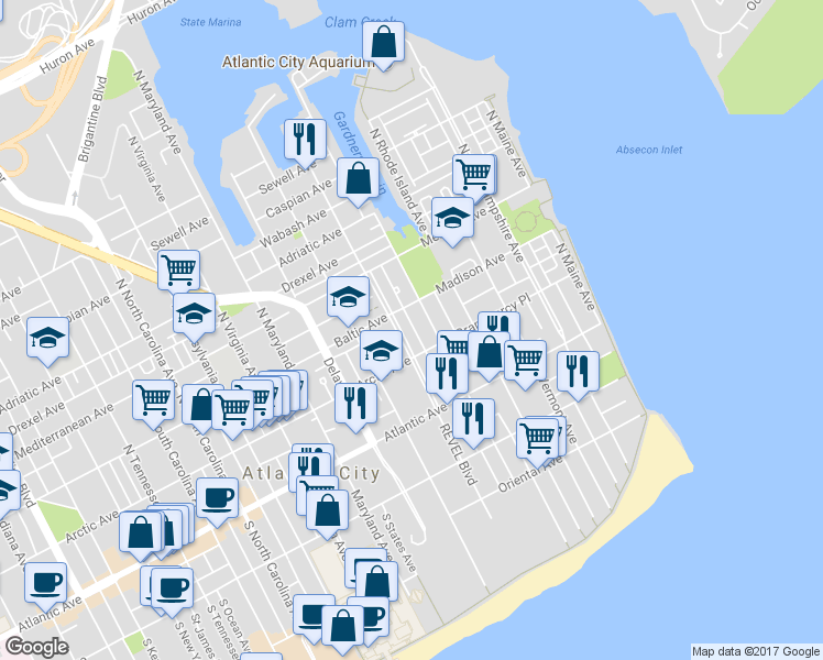 map of restaurants, bars, coffee shops, grocery stores, and more near 522 Madison Avenue in Atlantic City