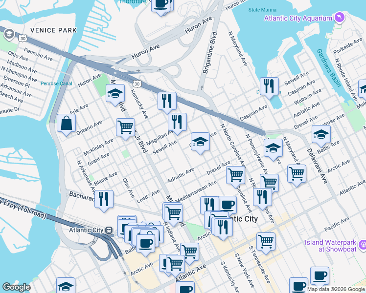 map of restaurants, bars, coffee shops, grocery stores, and more near 638 North New York Avenue in Atlantic City