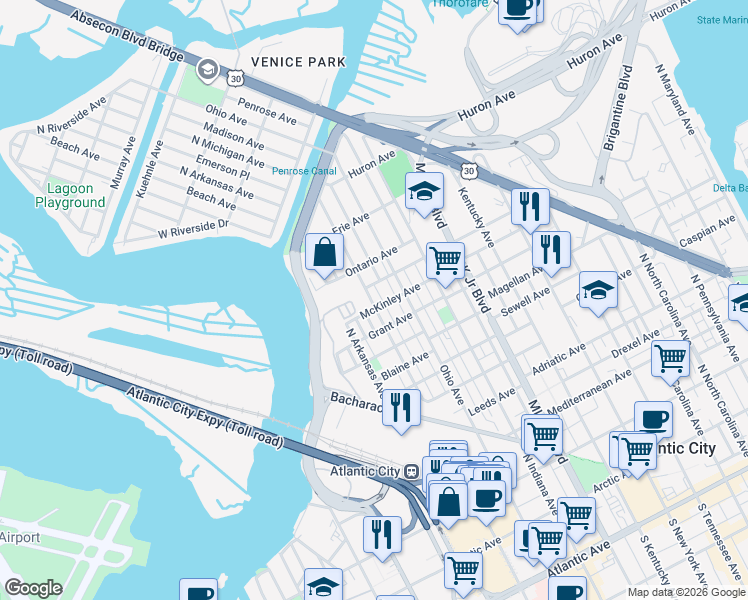 map of restaurants, bars, coffee shops, grocery stores, and more near 1019 North Michigan Avenue in Atlantic City