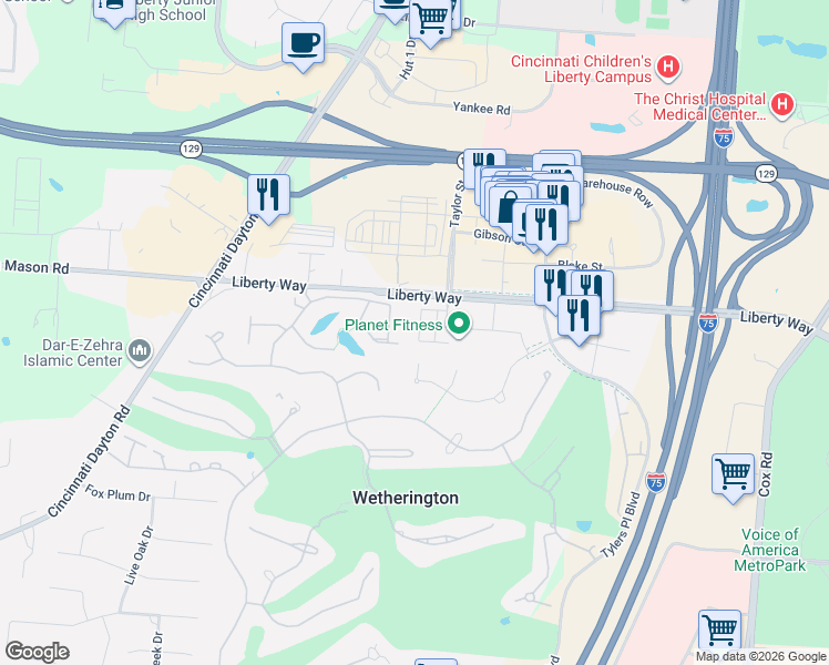 map of restaurants, bars, coffee shops, grocery stores, and more near 7441-7451 LIberty Way in Wetherington