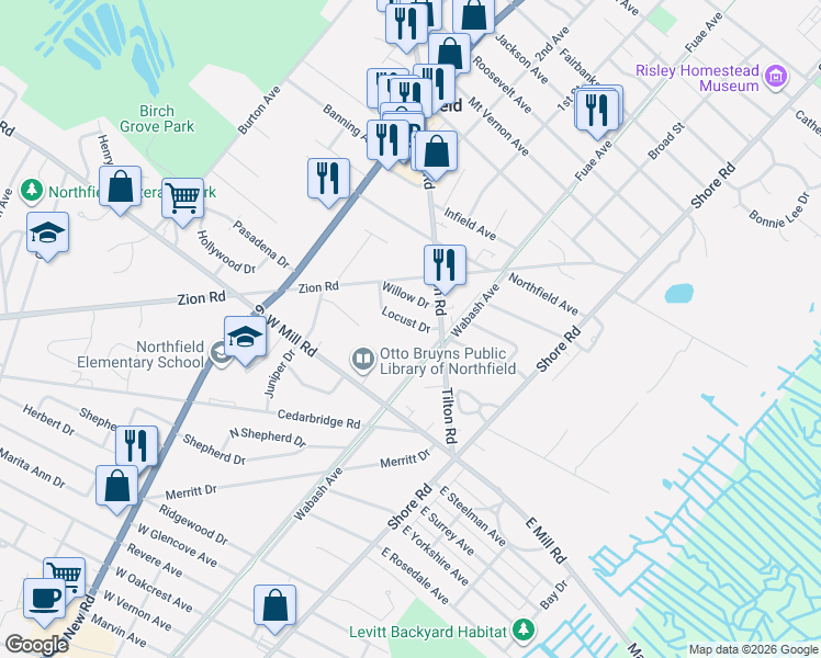 map of restaurants, bars, coffee shops, grocery stores, and more near 14 Locust Drive in Northfield