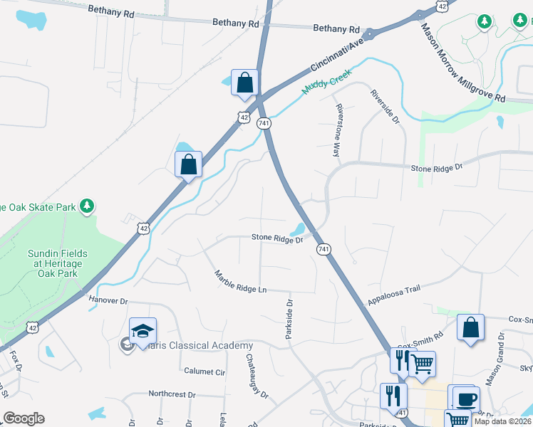 map of restaurants, bars, coffee shops, grocery stores, and more near 4702 Forest Ridge Drive in Mason