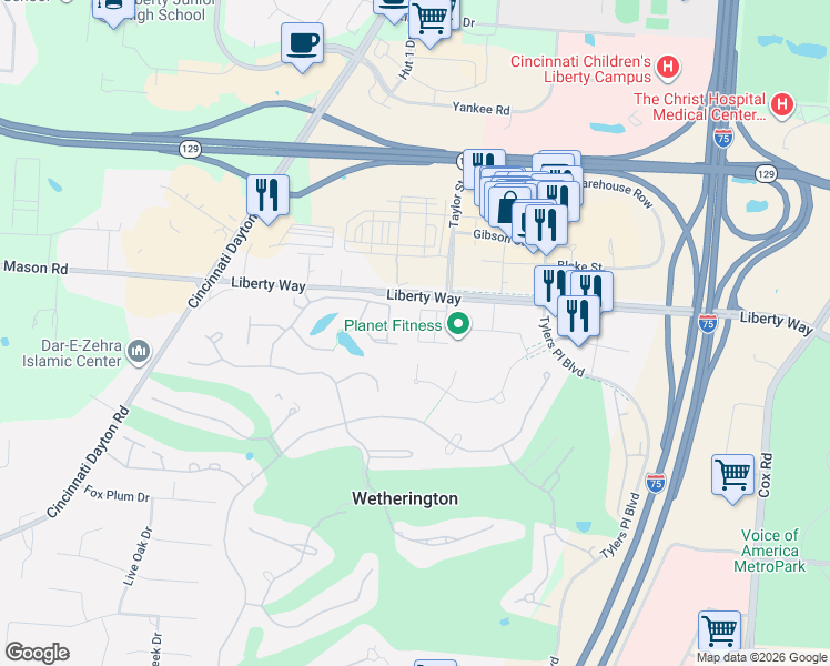 map of restaurants, bars, coffee shops, grocery stores, and more near 7441-7451 LIberty Way in Wetherington