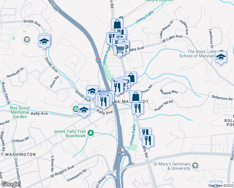 map of restaurants, bars, coffee shops, grocery stores, and more near 1340 Smith Avenue in Baltimore