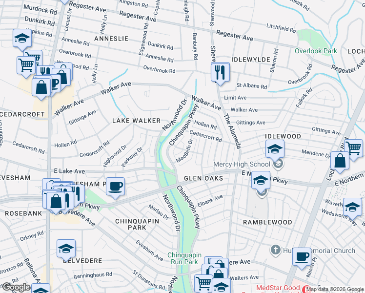 map of restaurants, bars, coffee shops, grocery stores, and more near 1108 Meridene Drive in Baltimore