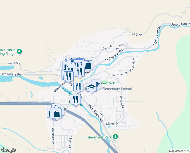 map of restaurants, bars, coffee shops, grocery stores, and more near 151 Cottonwood Drive in Basalt