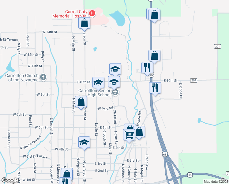 map of restaurants, bars, coffee shops, grocery stores, and more near 300 East 9th Street in Carrollton