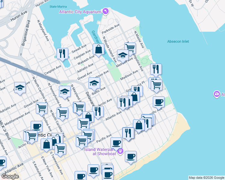map of restaurants, bars, coffee shops, grocery stores, and more near 522 Madison Avenue in Atlantic City