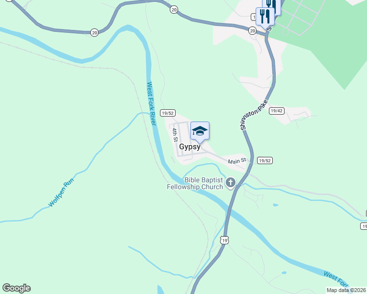 map of restaurants, bars, coffee shops, grocery stores, and more near Fleming St in Shinnston