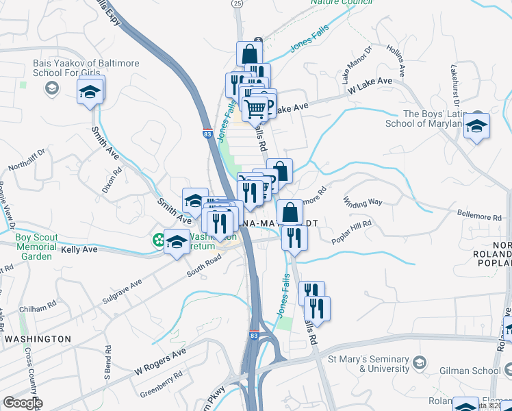 map of restaurants, bars, coffee shops, grocery stores, and more near 1330 Smith Avenue in Baltimore