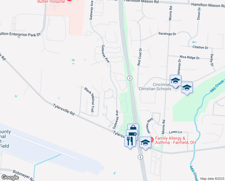 map of restaurants, bars, coffee shops, grocery stores, and more near 7595 Shadow Creek Drive in Hamilton