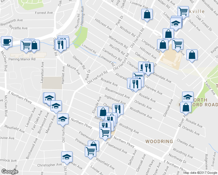 map of restaurants, bars, coffee shops, grocery stores, and more near 2812 Bauernwood Avenue in Baltimore