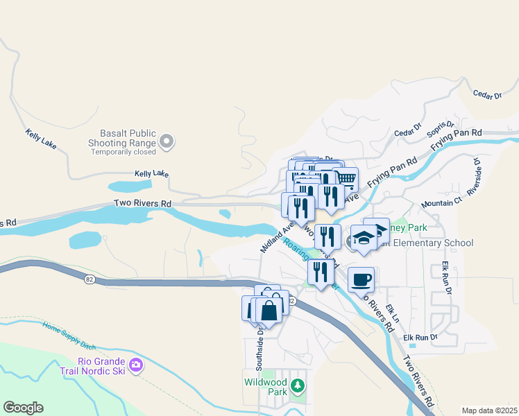 map of restaurants, bars, coffee shops, grocery stores, and more near 22842 Two Rivers Road in Basalt