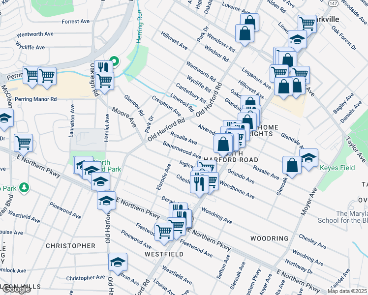map of restaurants, bars, coffee shops, grocery stores, and more near 2812 Bauernwood Avenue in Baltimore
