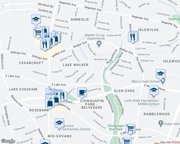 map of restaurants, bars, coffee shops, grocery stores, and more near 723 Highwood Drive in Baltimore