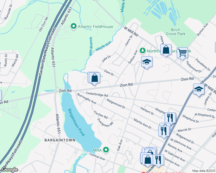 map of restaurants, bars, coffee shops, grocery stores, and more near 2 Raina Drive in Northfield