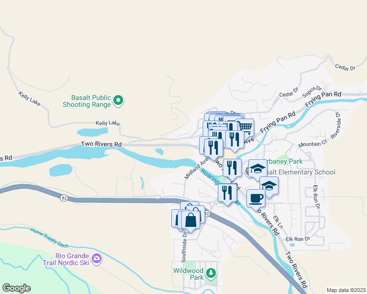 map of restaurants, bars, coffee shops, grocery stores, and more near 22842 Two Rivers Road in Basalt