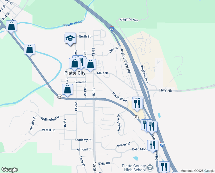 map of restaurants, bars, coffee shops, grocery stores, and more near 2 Marshall Road in Platte City