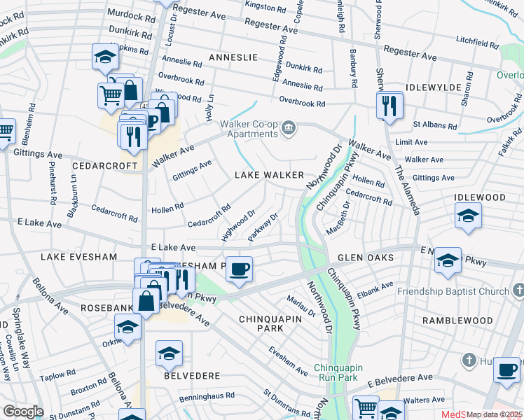 map of restaurants, bars, coffee shops, grocery stores, and more near 723 Highwood Drive in Baltimore