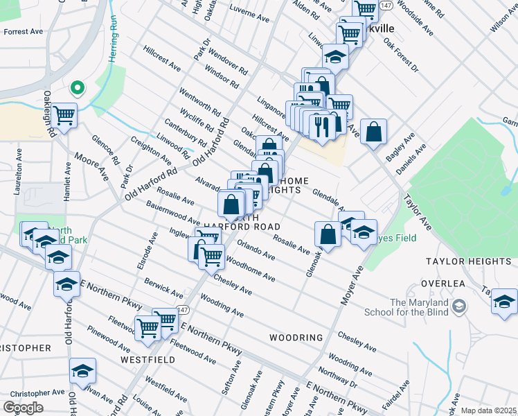 map of restaurants, bars, coffee shops, grocery stores, and more near 7227 Harford Road in Baltimore