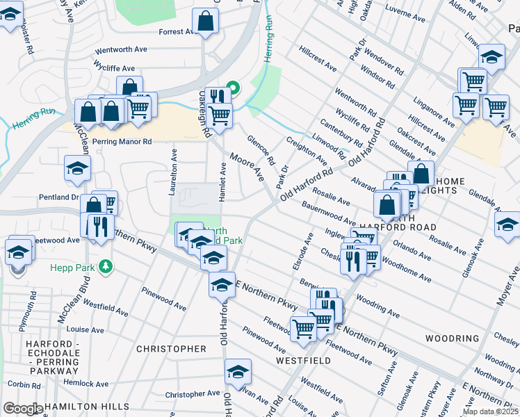 map of restaurants, bars, coffee shops, grocery stores, and more near 6910 Old Harford Road in Baltimore