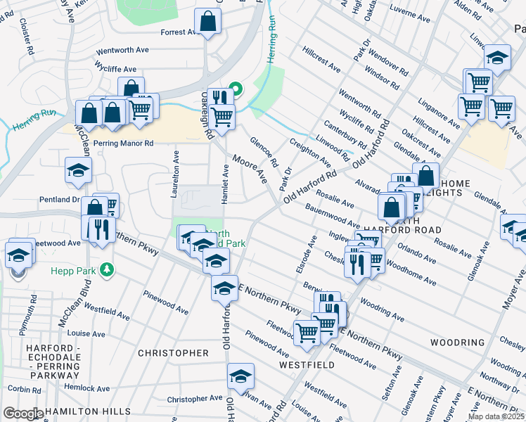 map of restaurants, bars, coffee shops, grocery stores, and more near 6910 Old Harford Road in Baltimore