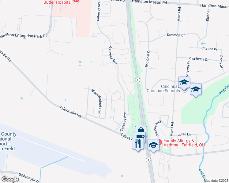 map of restaurants, bars, coffee shops, grocery stores, and more near 7595 Shadow Creek Drive in Hamilton