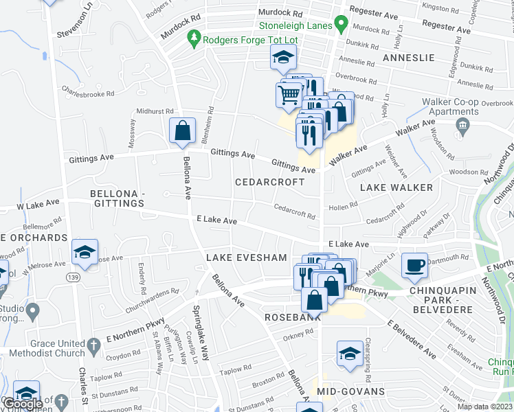 map of restaurants, bars, coffee shops, grocery stores, and more near 305 Cedarcroft Road in Baltimore