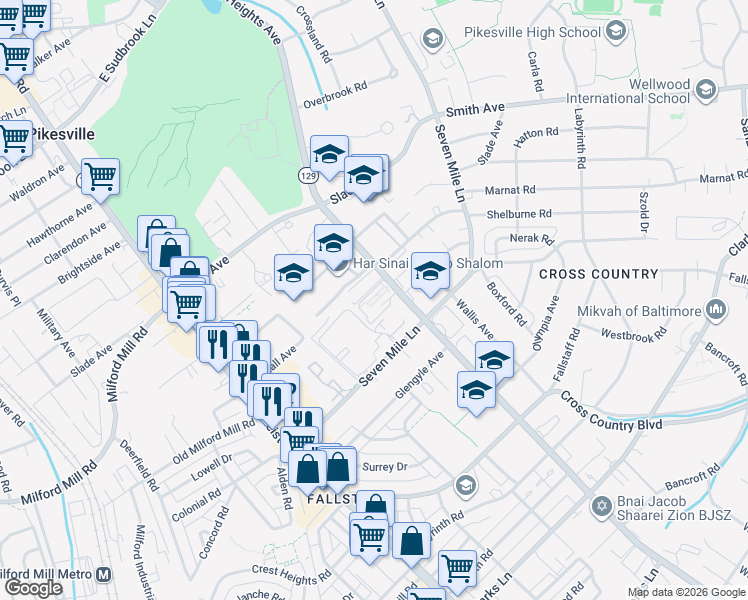 map of restaurants, bars, coffee shops, grocery stores, and more near 7220 Park Heights Avenue in Baltimore
