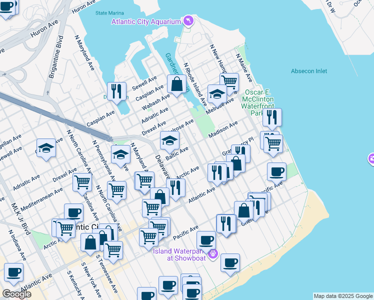 map of restaurants, bars, coffee shops, grocery stores, and more near 522 Madison Avenue in Atlantic City