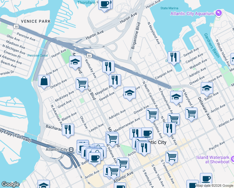 map of restaurants, bars, coffee shops, grocery stores, and more near 638 North New York Avenue in Atlantic City