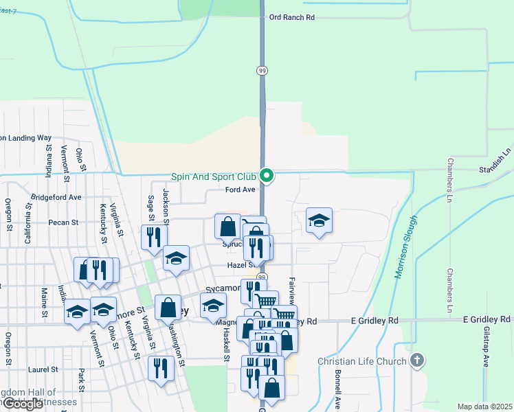 map of restaurants, bars, coffee shops, grocery stores, and more near 1751 Golden State Highway in Gridley
