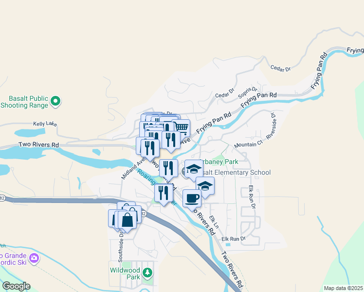 map of restaurants, bars, coffee shops, grocery stores, and more near in Basalt