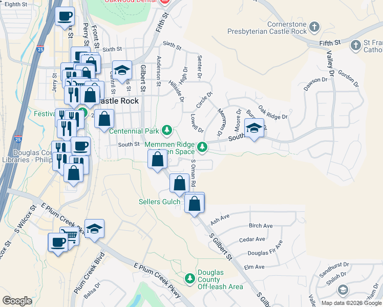 map of restaurants, bars, coffee shops, grocery stores, and more near 302 South Oman Road in Castle Rock