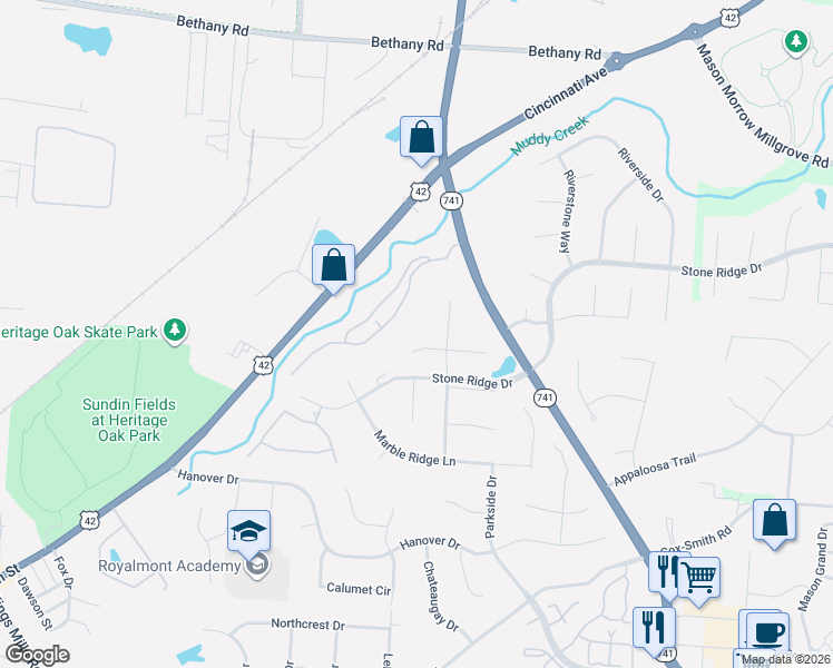 map of restaurants, bars, coffee shops, grocery stores, and more near 4016 Granite Court in Mason