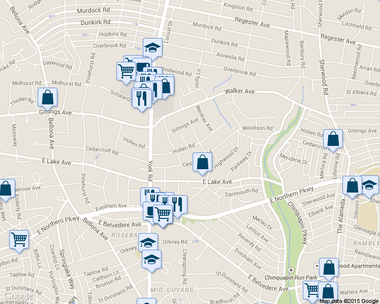 map of restaurants, bars, coffee shops, grocery stores, and more near 611 Hollen Road in Baltimore