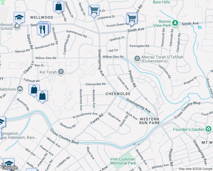 map of restaurants, bars, coffee shops, grocery stores, and more near 2703 Cheswolde Road in Baltimore