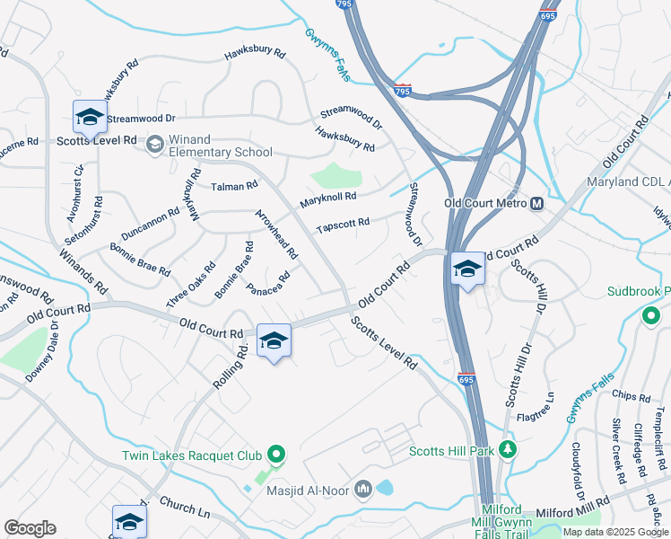 map of restaurants, bars, coffee shops, grocery stores, and more near 8122 Scotts Level Road in Pikesville