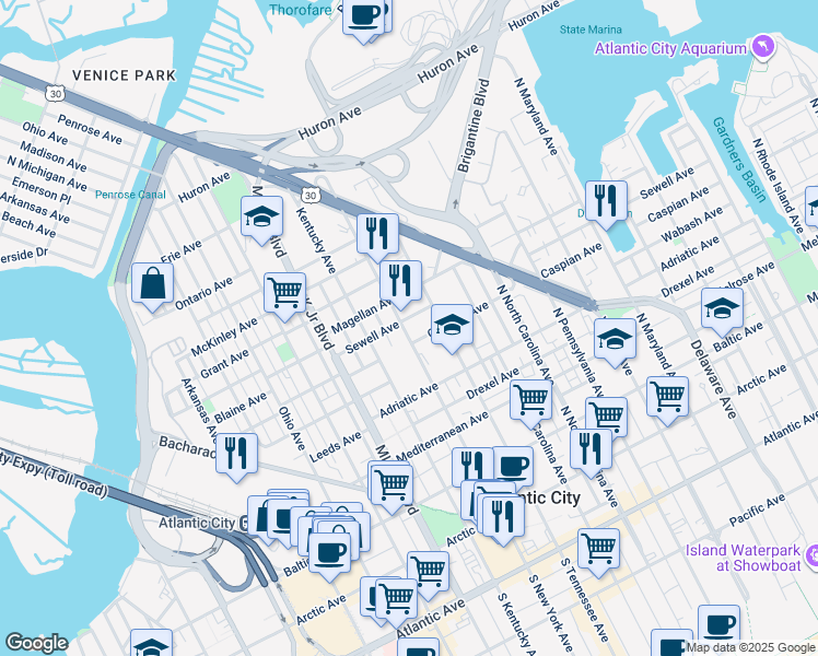 map of restaurants, bars, coffee shops, grocery stores, and more near 638 North New York Avenue in Atlantic City