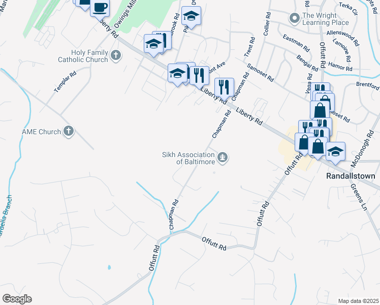 map of restaurants, bars, coffee shops, grocery stores, and more near 9332 Hoffmaster Way in Randallstown