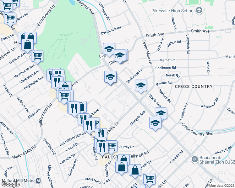 map of restaurants, bars, coffee shops, grocery stores, and more near 7240 Park Heights Avenue in Baltimore