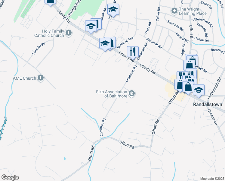 map of restaurants, bars, coffee shops, grocery stores, and more near 9332 Hoffmaster Way in Randallstown