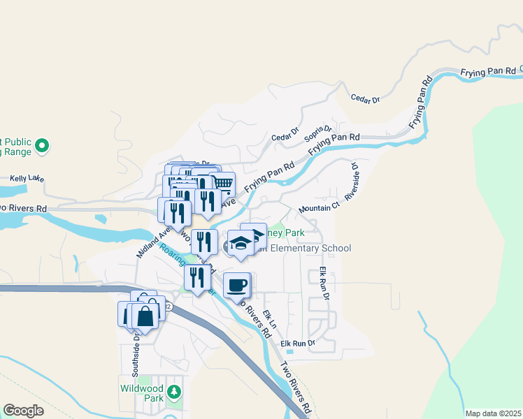 map of restaurants, bars, coffee shops, grocery stores, and more near 135 Riverside Drive in Basalt
