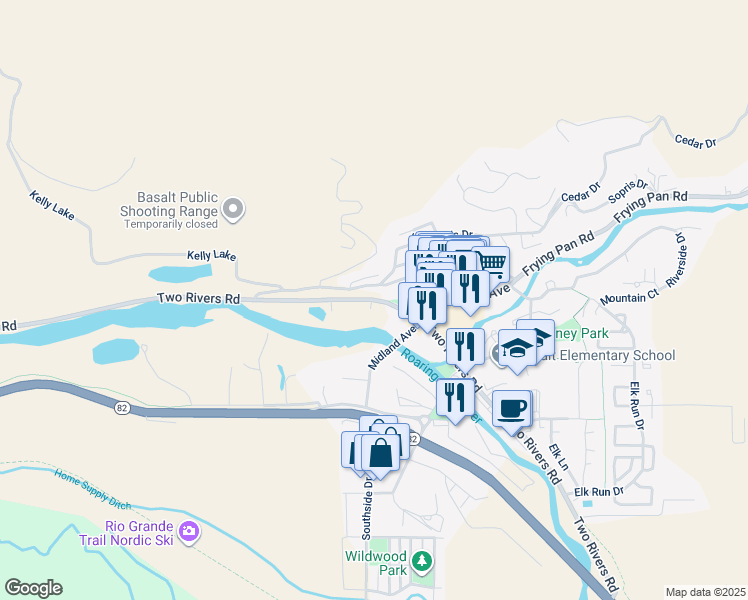 map of restaurants, bars, coffee shops, grocery stores, and more near 22837-22841 2 Rivers Road in Basalt