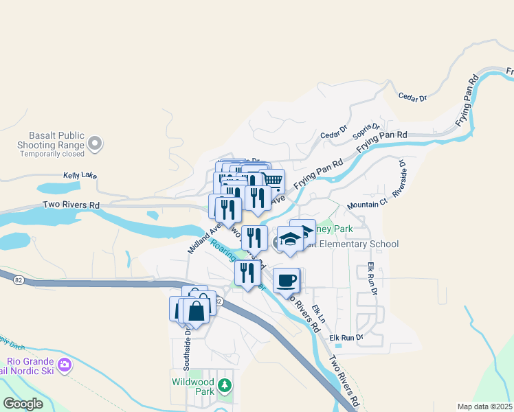 map of restaurants, bars, coffee shops, grocery stores, and more near 201 Midland Avenue in Basalt