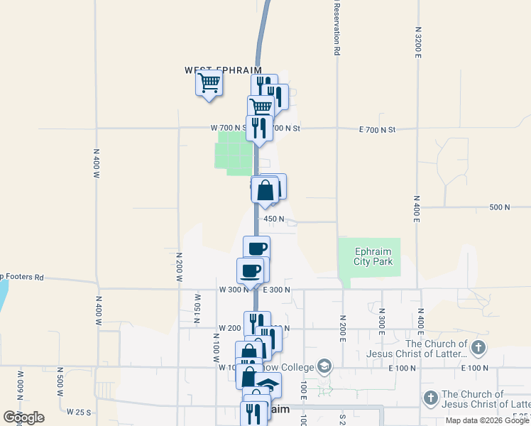 map of restaurants, bars, coffee shops, grocery stores, and more near 462 North Main Street in Ephraim